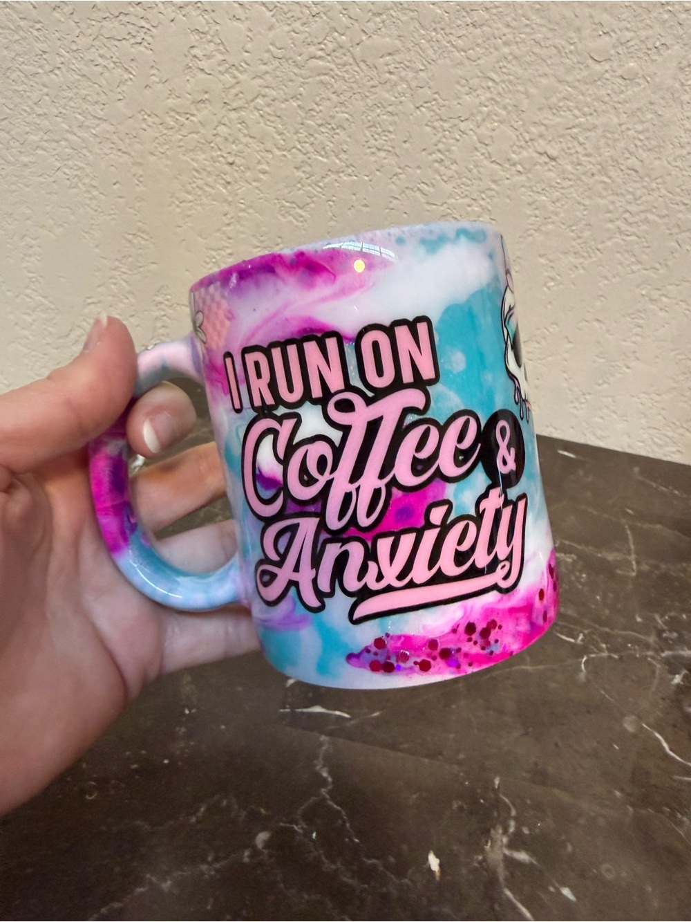 I Run on Coffee and Anxiety Colorful Marble Glitter Coffee Mug